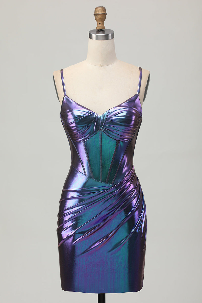 Load image into Gallery viewer, Blue Purple Metallic Tight Glitter Short Corset Homecoming Dress