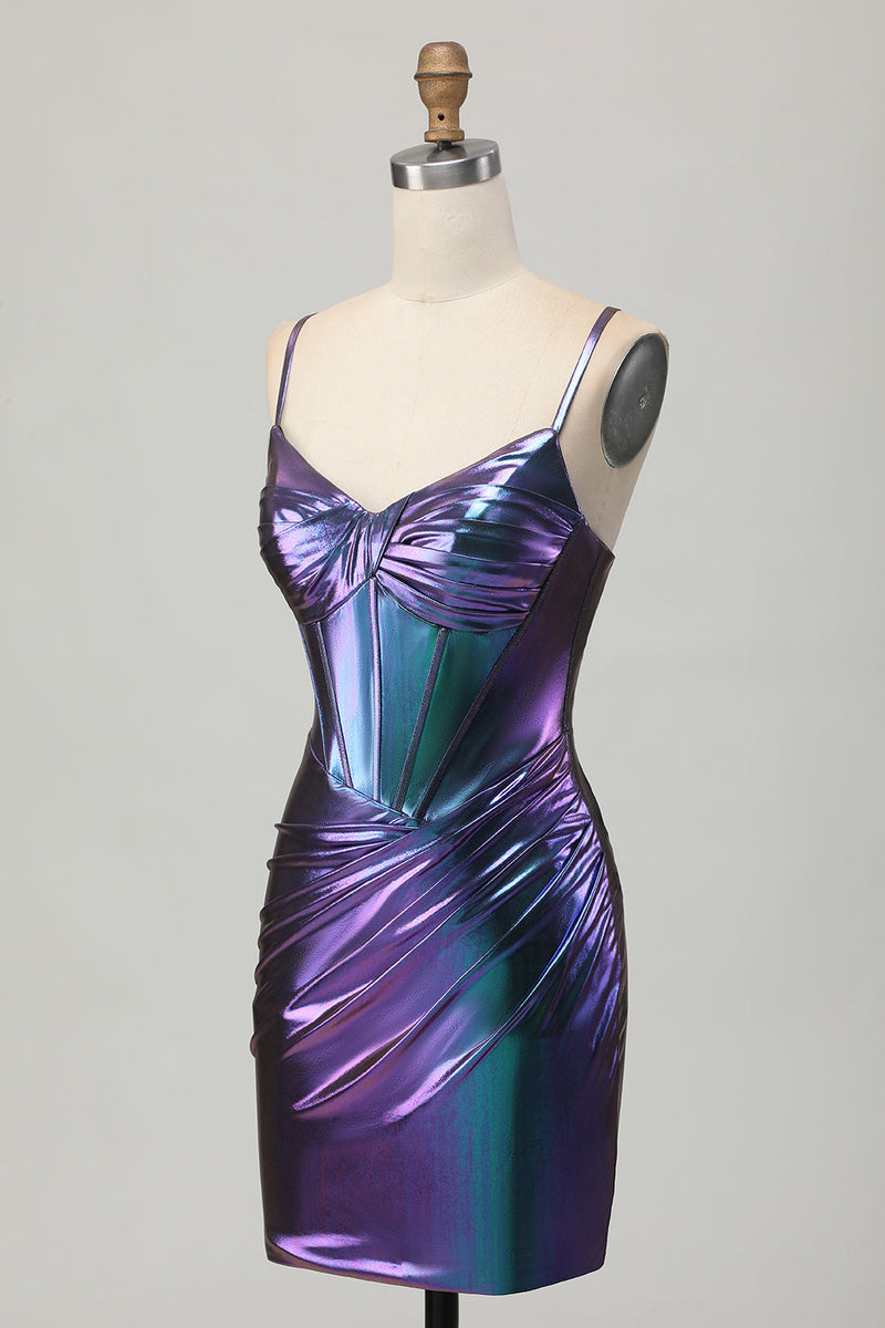 Load image into Gallery viewer, Blue Purple Metallic Tight Glitter Short Corset Homecoming Dress