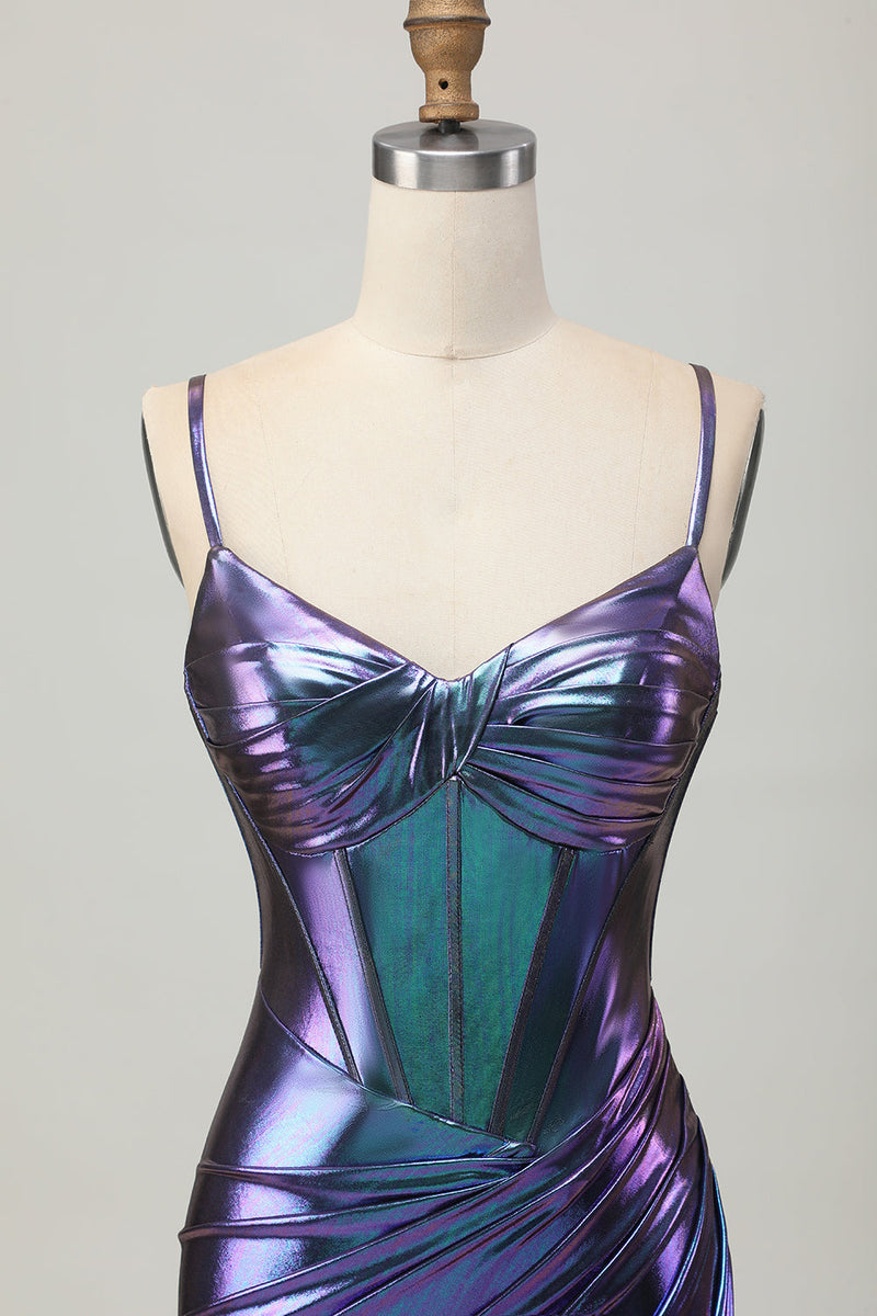 Load image into Gallery viewer, Blue Purple Metallic Tight Glitter Short Corset Homecoming Dress