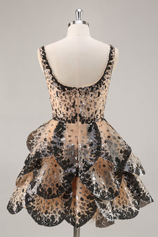 Sparkly Black and Apricot Sequins A Line Short Homecoming Dress