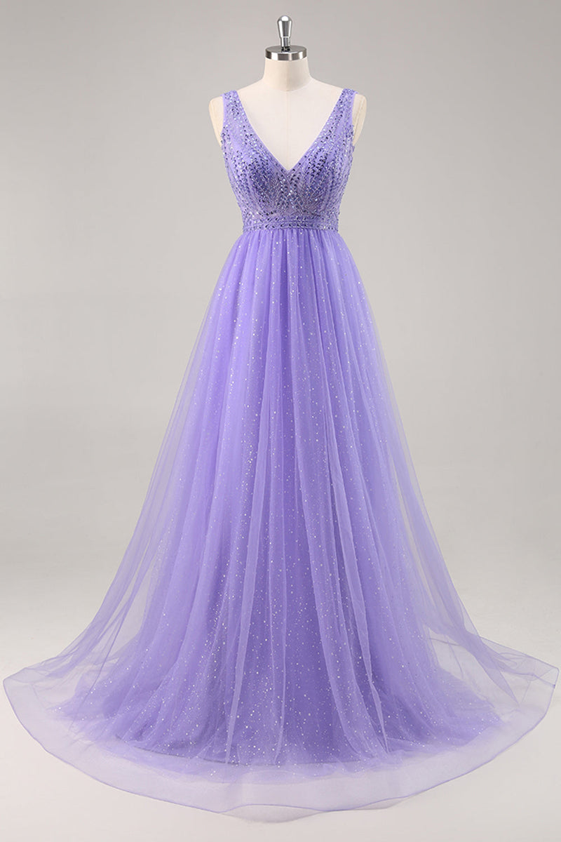 Load image into Gallery viewer, Sparkly Purple V-Neck A Line Long Prom Dress with Beading
