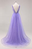 Load image into Gallery viewer, Sparkly Purple V-Neck A Line Long Prom Dress with Beading