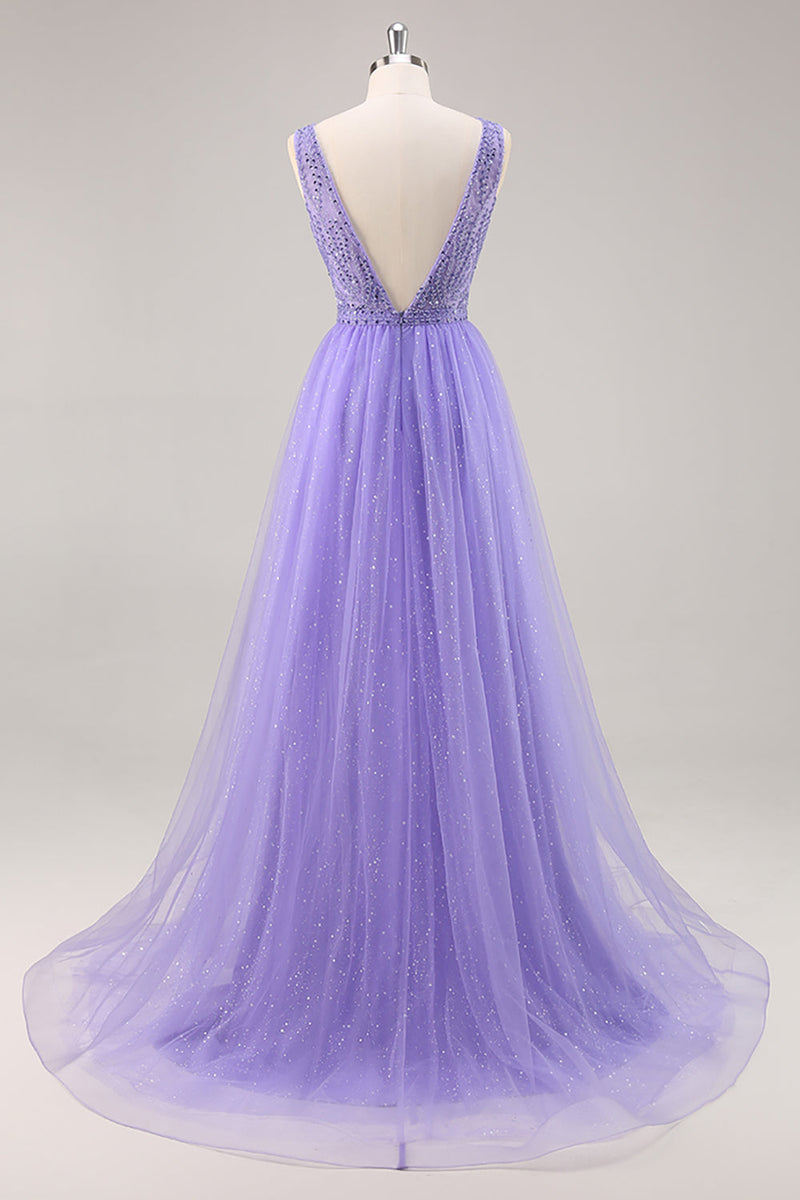 Load image into Gallery viewer, Sparkly Purple V-Neck A Line Long Prom Dress with Beading
