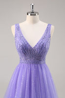 Load image into Gallery viewer, Sparkly Purple V-Neck A Line Long Prom Dress with Beading