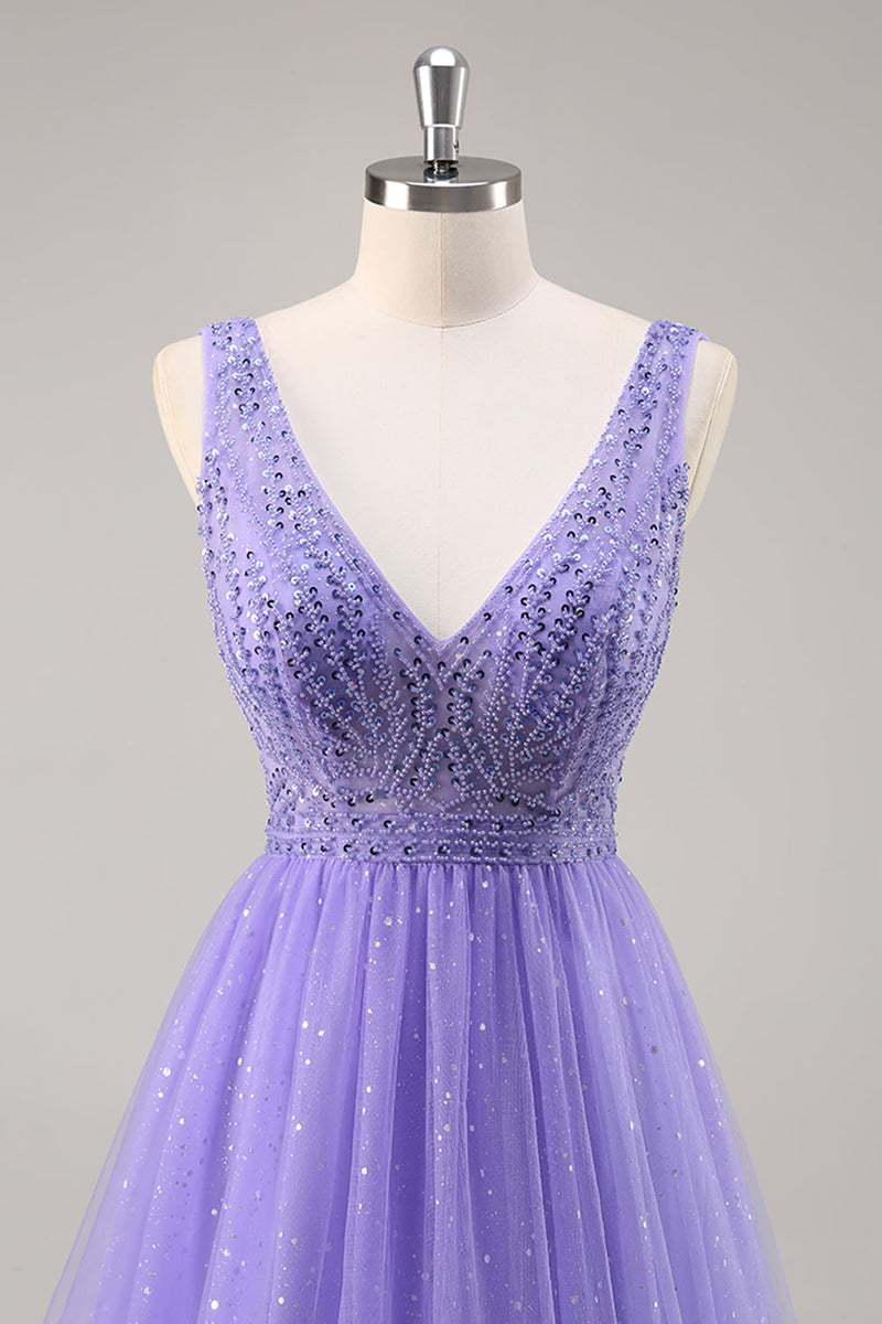 Load image into Gallery viewer, Sparkly Purple V-Neck A Line Long Prom Dress with Beading