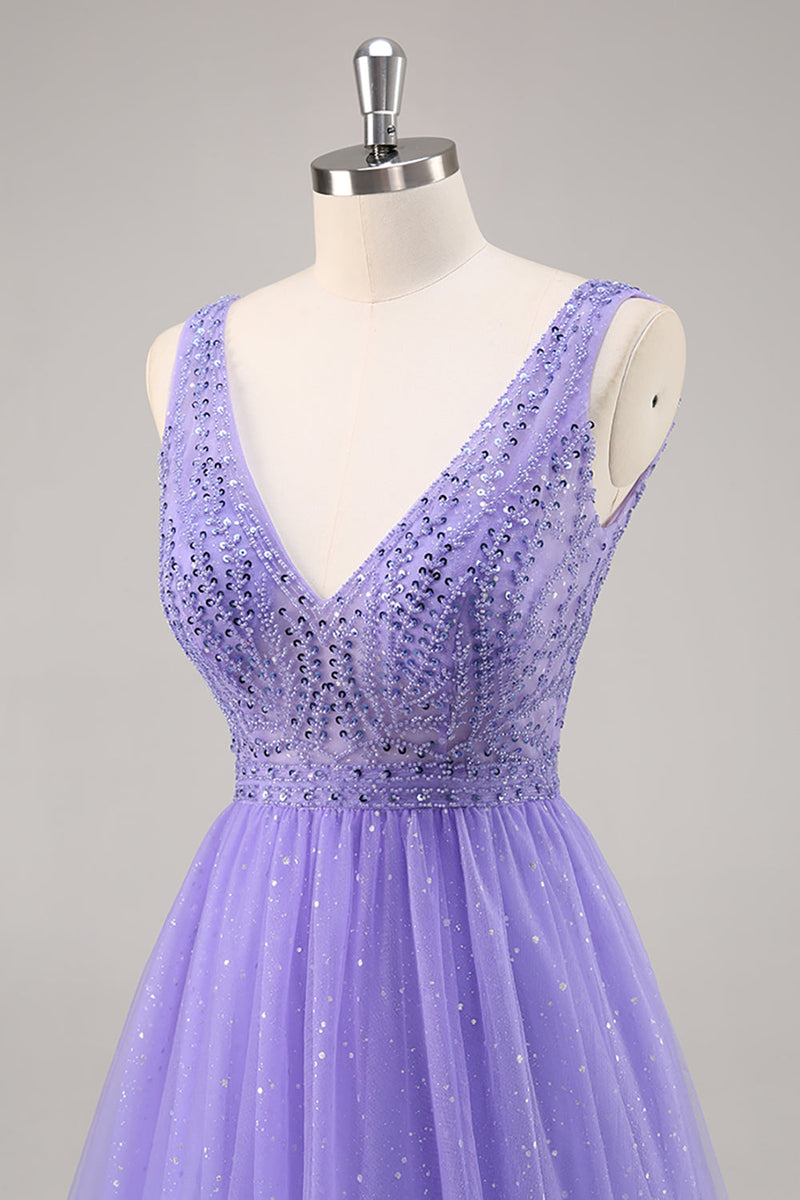 Load image into Gallery viewer, Sparkly Purple V-Neck A Line Long Prom Dress with Beading