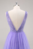 Load image into Gallery viewer, Sparkly Purple V-Neck A Line Long Prom Dress with Beading