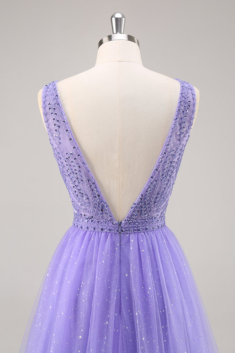 Load image into Gallery viewer, Sparkly Purple V-Neck A Line Long Prom Dress with Beading