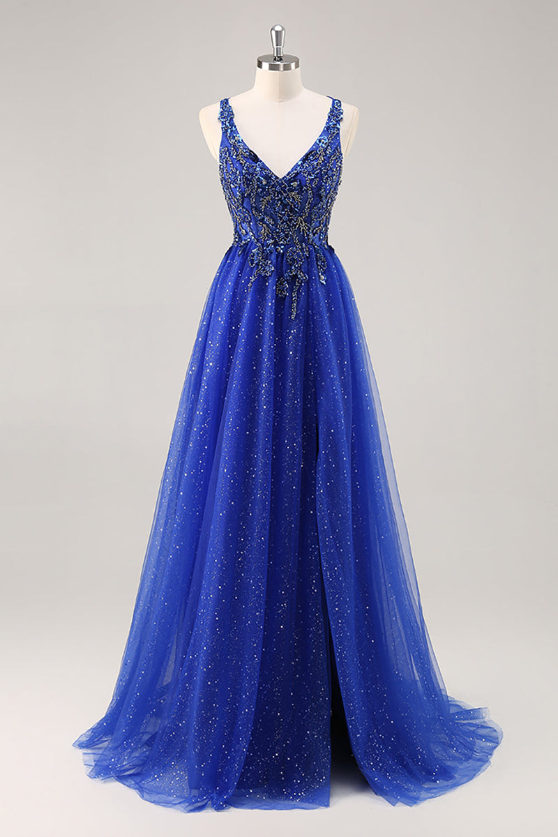 Load image into Gallery viewer, Sparkly Royal Blue Tulle Corset V-Neck Long Beaded Prom Dress with Slit