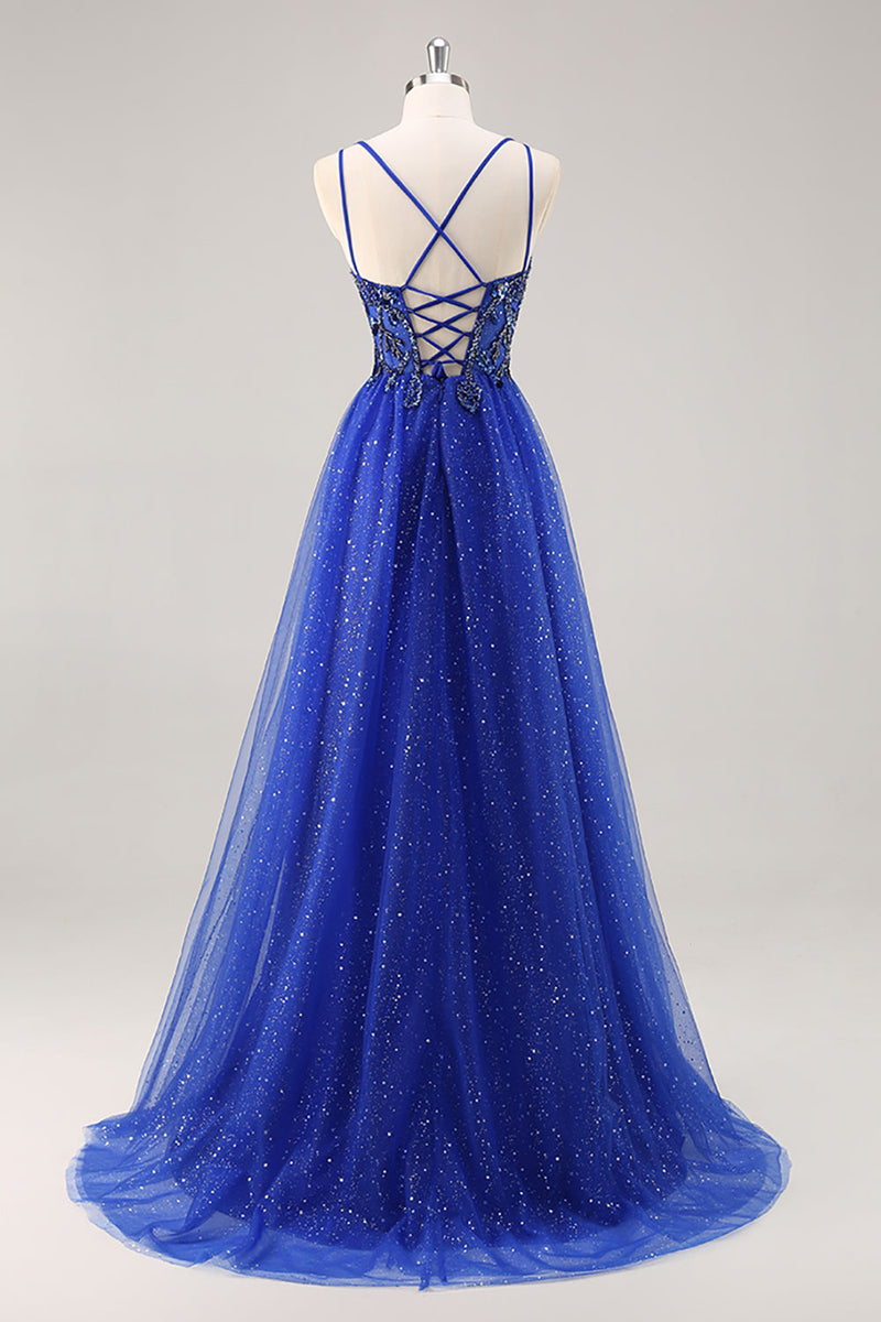 Load image into Gallery viewer, Sparkly Royal Blue Tulle Corset V-Neck Long Beaded Prom Dress with Slit