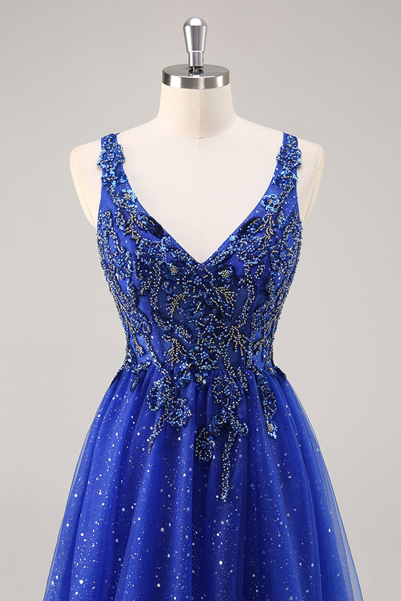 Load image into Gallery viewer, Sparkly Royal Blue Tulle Corset V-Neck Long Beaded Prom Dress with Slit