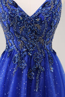 Load image into Gallery viewer, Sparkly Royal Blue Tulle Corset V-Neck Long Beaded Prom Dress with Slit