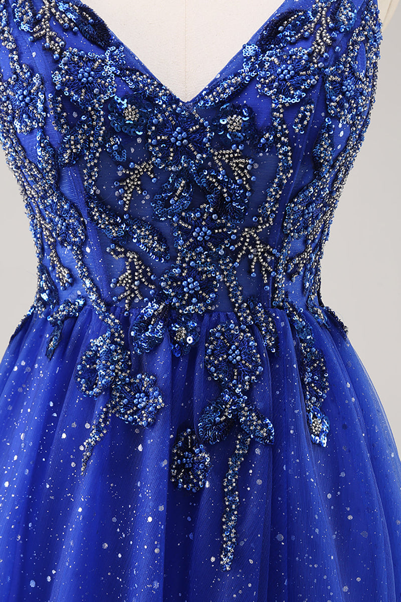 Load image into Gallery viewer, Sparkly Royal Blue Tulle Corset V-Neck Long Beaded Prom Dress with Slit