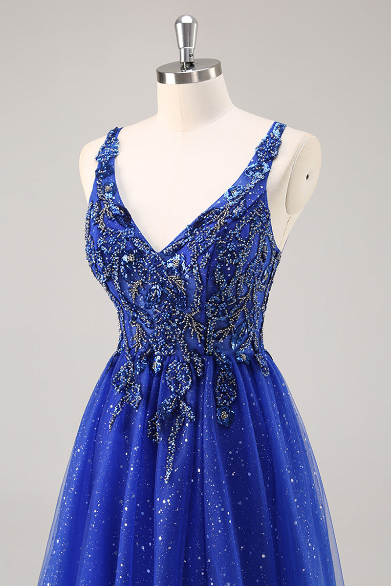 Load image into Gallery viewer, Sparkly Royal Blue Tulle Corset V-Neck Long Beaded Prom Dress with Slit