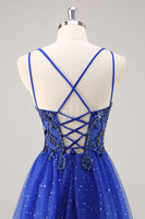 Load image into Gallery viewer, Sparkly Royal Blue Tulle Corset V-Neck Long Beaded Prom Dress with Slit