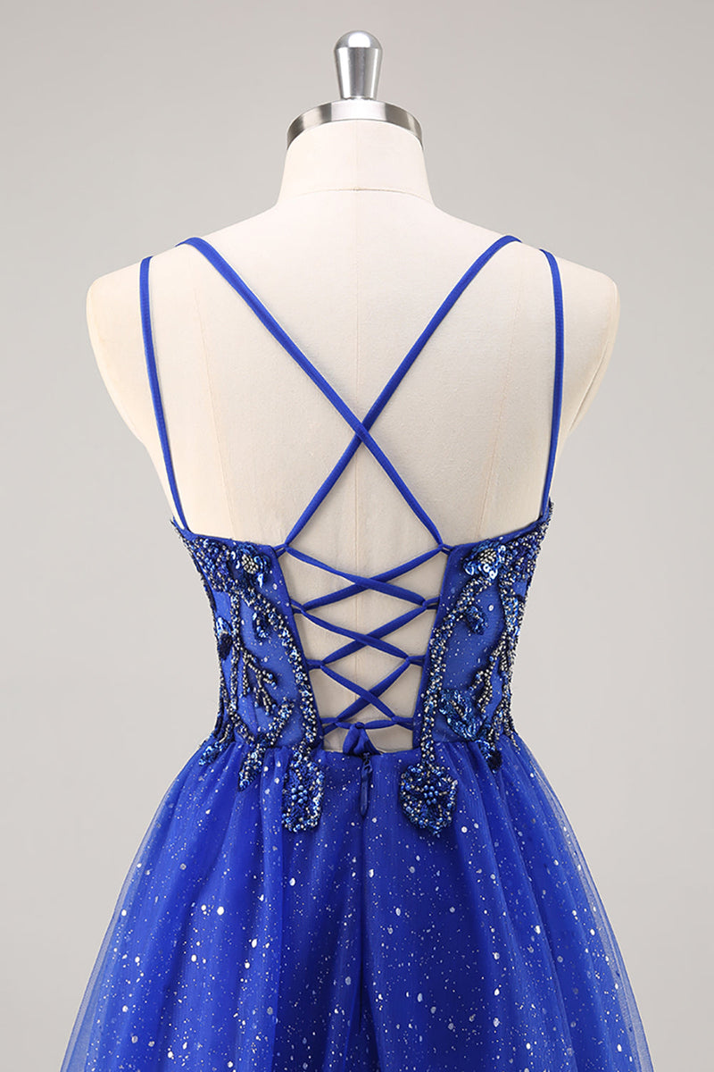Load image into Gallery viewer, Sparkly Royal Blue Tulle Corset V-Neck Long Beaded Prom Dress with Slit
