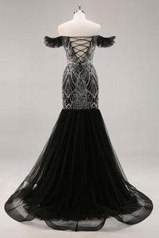 Sparkly Black Off the Shoulder Mermaid Long Beaded Prom Dress