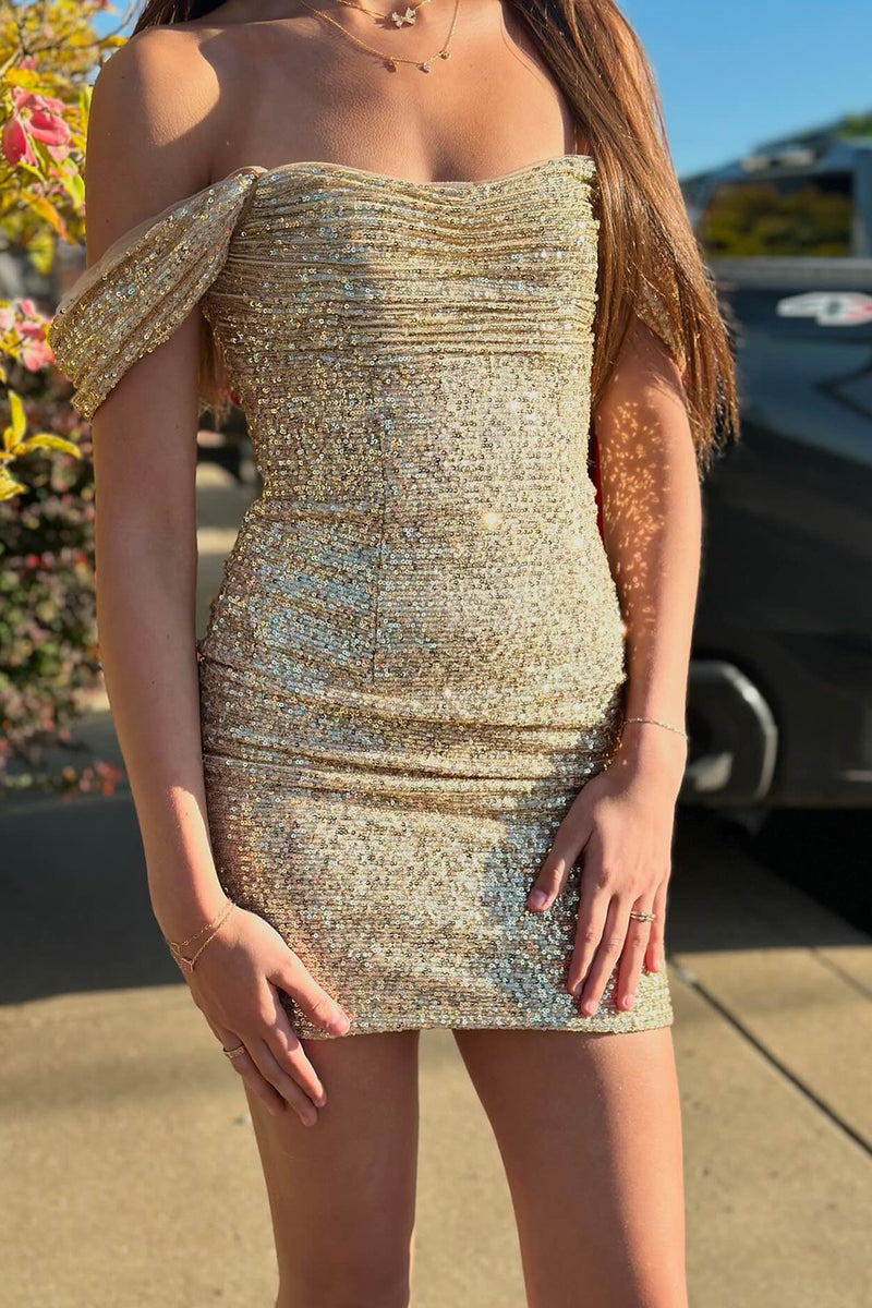 Load image into Gallery viewer, Sparkly Gold Tight Sequins Ruched Short Homecoming Dress