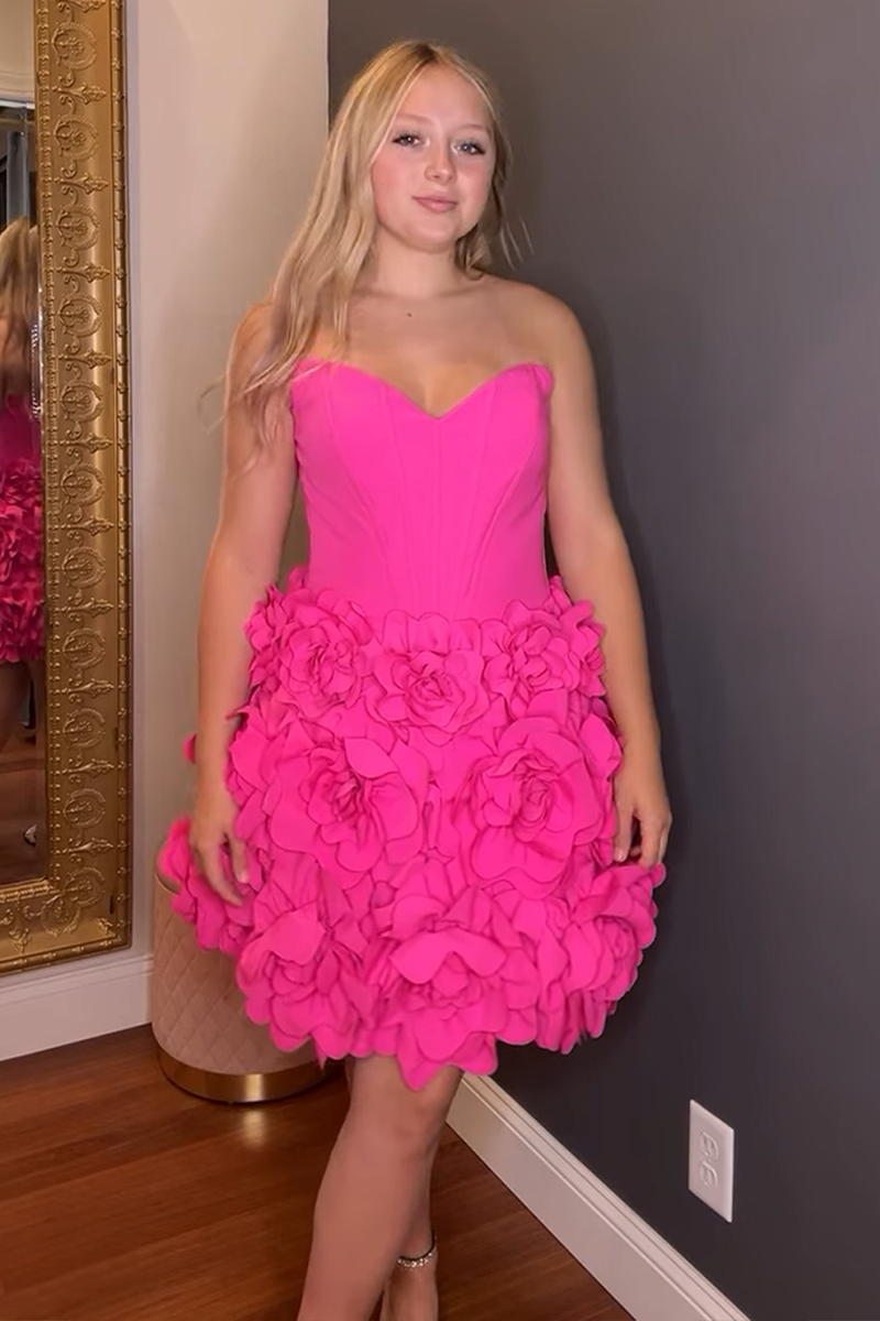 Load image into Gallery viewer, Fuchsia A Line Short Corset Homecoming Dress with 3D Flowers