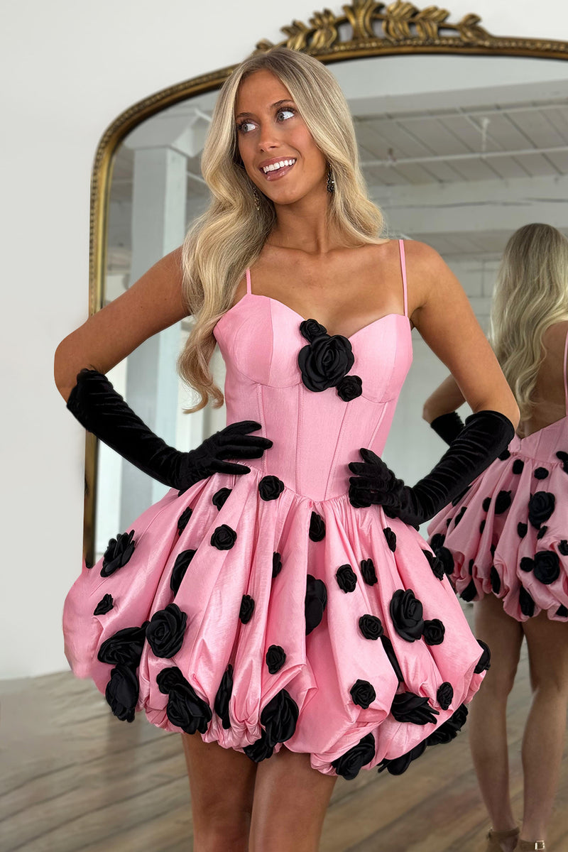Load image into Gallery viewer, Cute Black and Pink A Line Satin Short Corset Dress with 3D Flowers