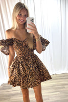 Load image into Gallery viewer, Brown Leopard Satin A Line Puff Sleeves Short Homecoming Dress