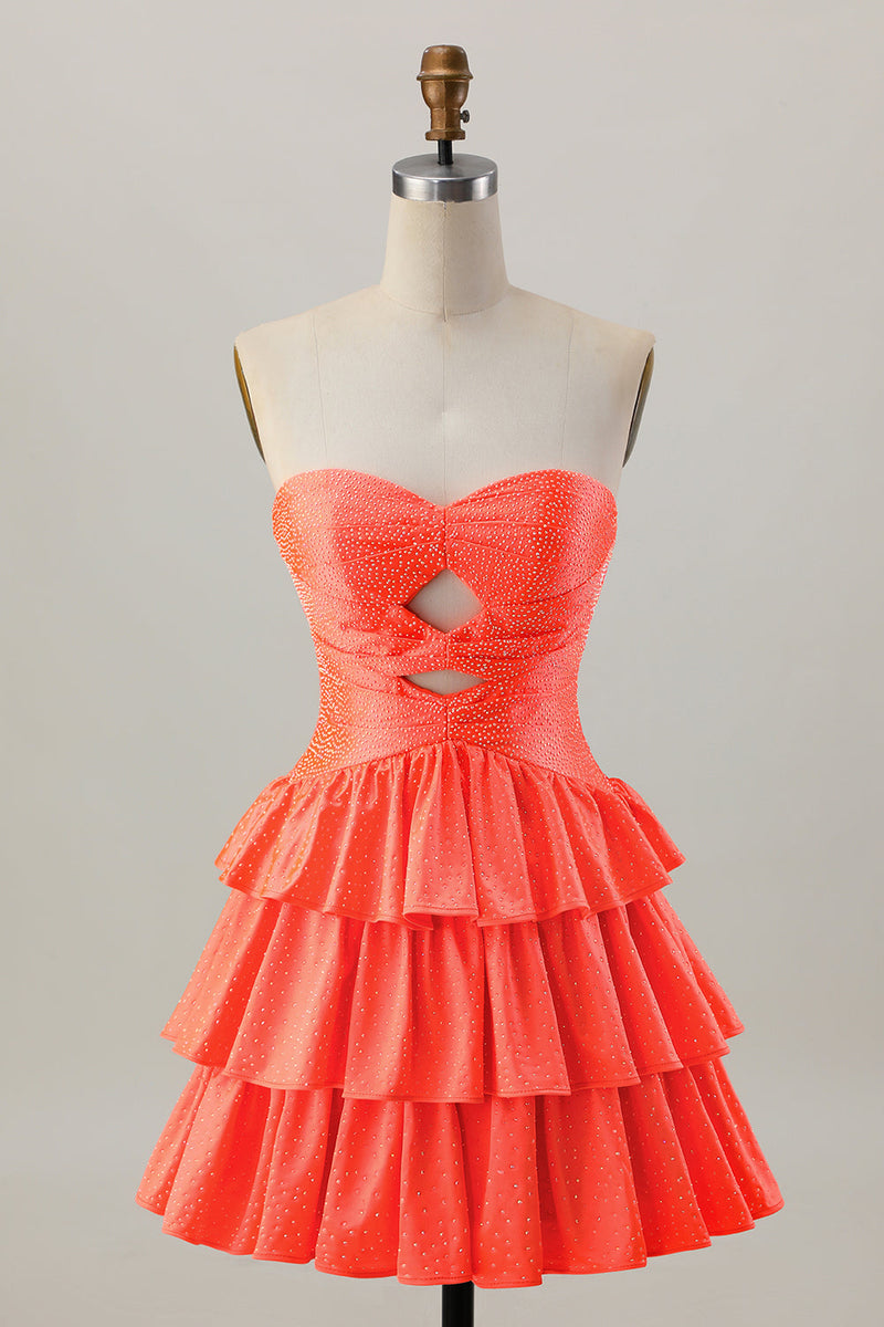 Load image into Gallery viewer, Sparkly Orange Beaded Tiered Cut Out A Line Short Homecoming Dress