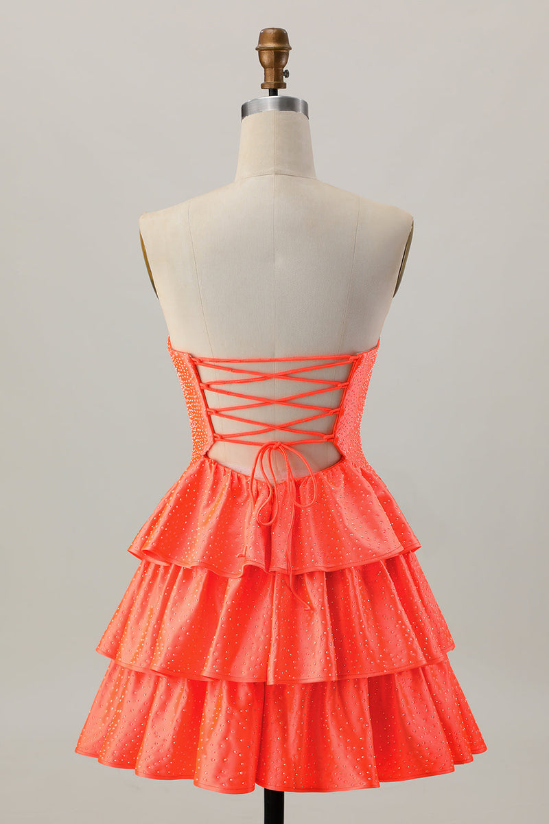 Load image into Gallery viewer, Sparkly Orange Beaded Tiered Cut Out A Line Short Homecoming Dress