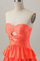 Load image into Gallery viewer, Sparkly Orange Beaded Tiered Cut Out A Line Short Homecoming Dress