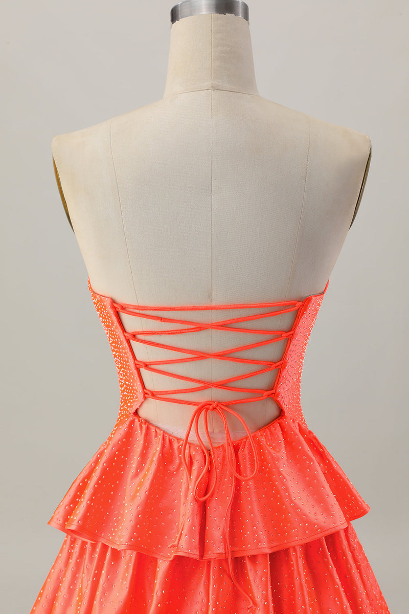 Load image into Gallery viewer, Sparkly Orange Beaded Tiered Cut Out A Line Short Homecoming Dress
