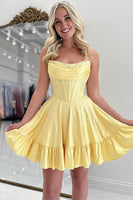 Load image into Gallery viewer, Sparkly Yellow A Line Short Corset Homecoming Dress with Beading
