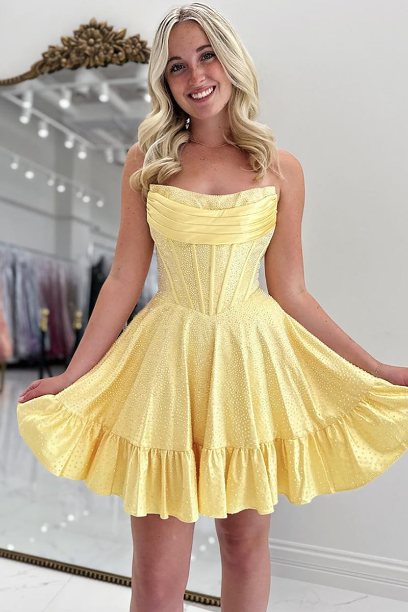 Load image into Gallery viewer, Sparkly Yellow A Line Short Corset Homecoming Dress with Beading