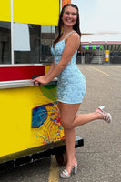 Load image into Gallery viewer, Sparkly Light Blue Jacquard Beaded Tight Short Homecoming Dress