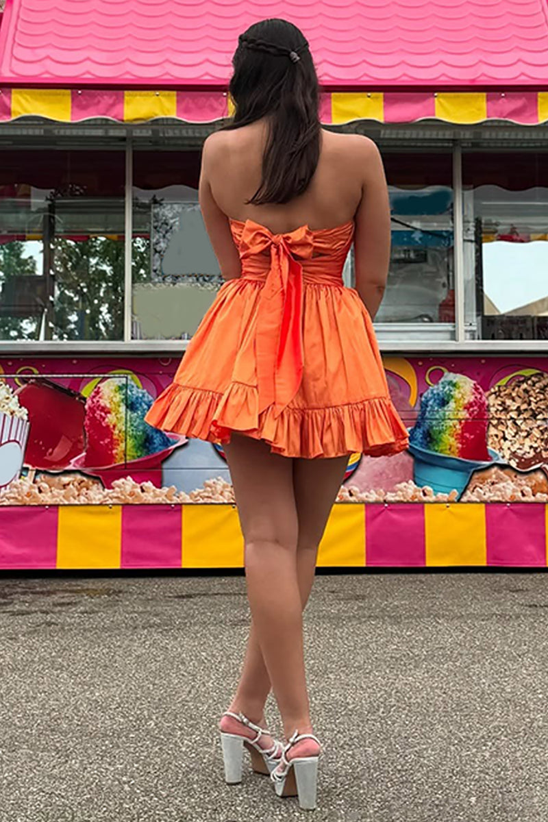 Load image into Gallery viewer, Orange Stain A Line Ruched Short Homecoming Dress with Ruffles
