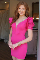Load image into Gallery viewer, Fuchsia Tight V Neck Short Homecoming Dress with Sleeves