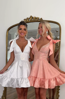 Load image into Gallery viewer, Sparkly Blush Satin A Line Beading Short Homecoming Dress with Bows