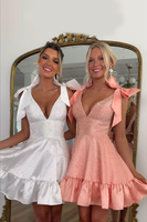 Load image into Gallery viewer, Sparkly Blush Satin A Line Beading Short Homecoming Dress with Bows