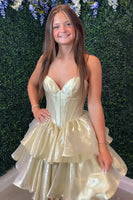 Load image into Gallery viewer, Sparkly Gold Metallic A Line Ruffled Short Corset Homecoming Dress