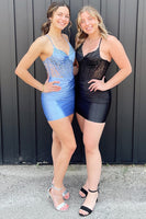 Load image into Gallery viewer, Sparkly Black Satin Tight Beaded Ruched Short Corset Homecoming Dress