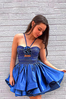 Load image into Gallery viewer, Sparkly Royal Blue Satin A Line Beaded Short Homecoming Dress