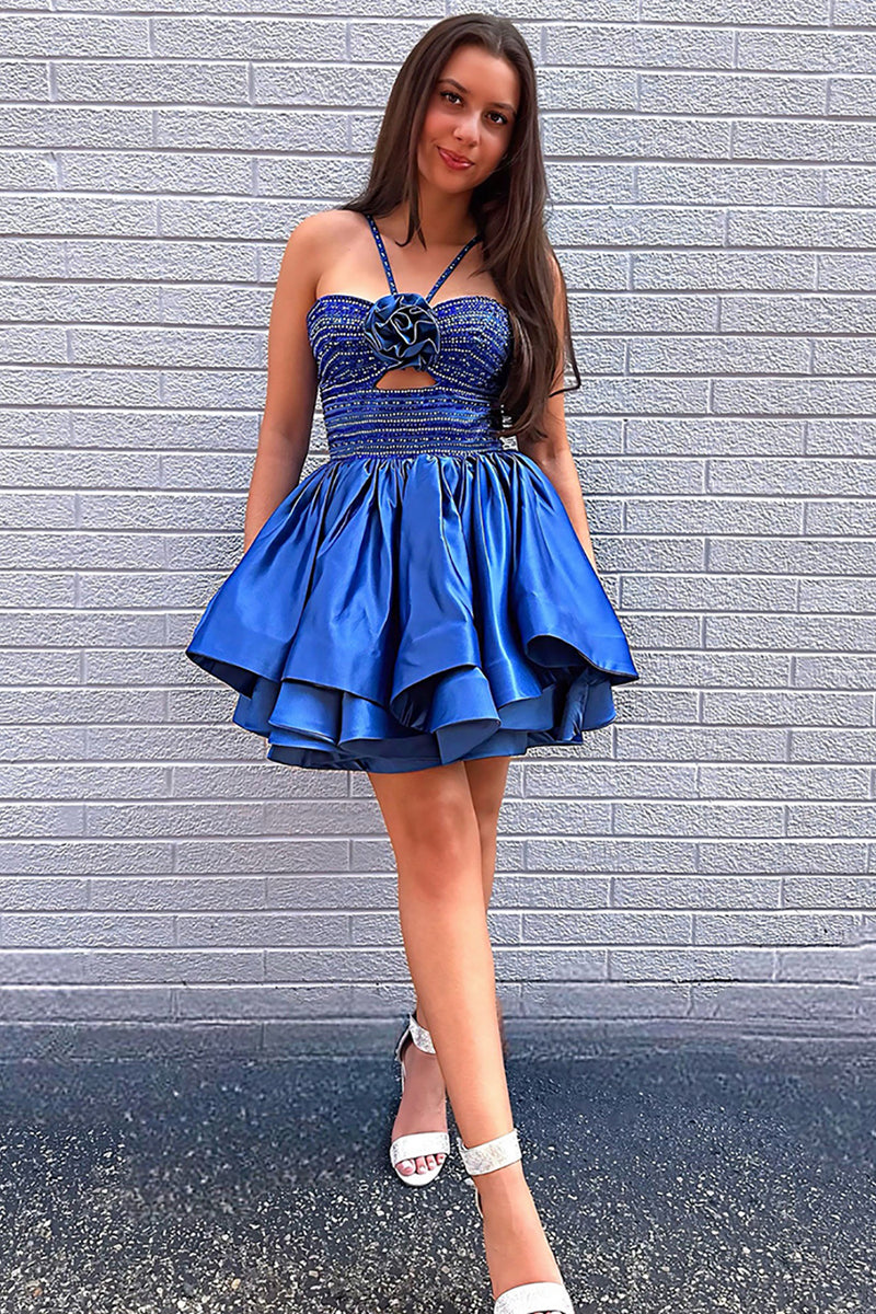 Load image into Gallery viewer, Sparkly Royal Blue Satin A Line Beaded Short Homecoming Dress