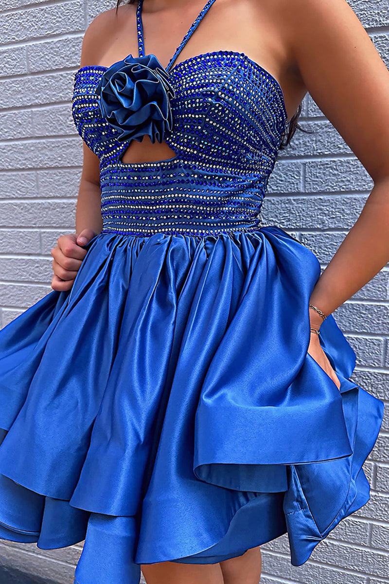 Load image into Gallery viewer, Sparkly Royal Blue Satin A Line Beaded Short Homecoming Dress