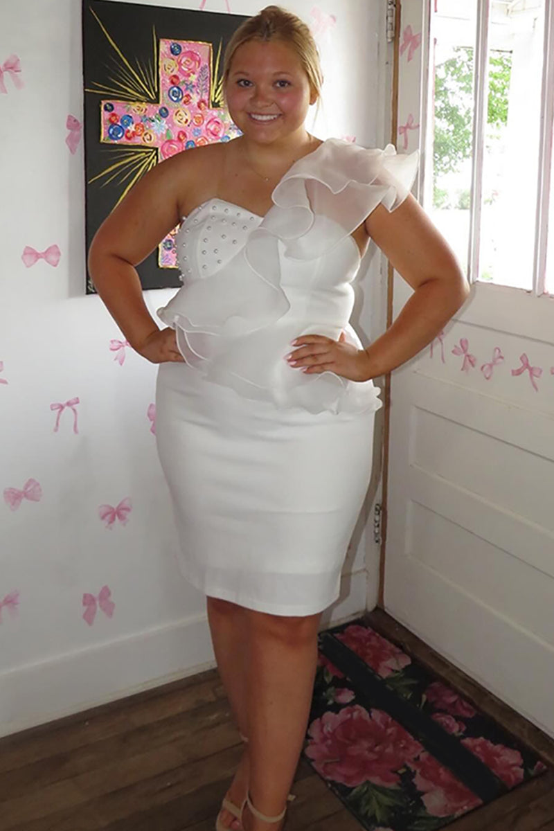 Load image into Gallery viewer, Plus Size White Tight Short Homecoming Dress with Ruffles