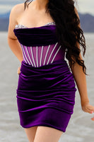 Load image into Gallery viewer, Dark Purple Velvet Tight Ruched Short Corset Homecoming Dress