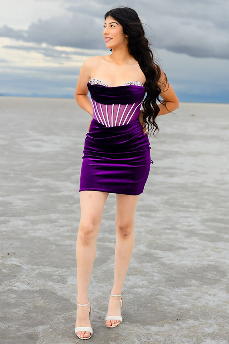 Load image into Gallery viewer, Dark Purple Velvet Tight Ruched Short Corset Homecoming Dress