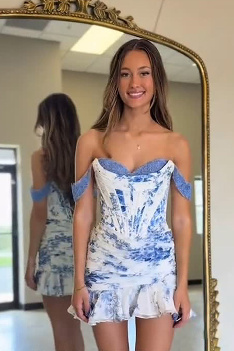 Load image into Gallery viewer, Floral Blue Bodycon Ruched Short Corset Homecoming Dress with Ruffles