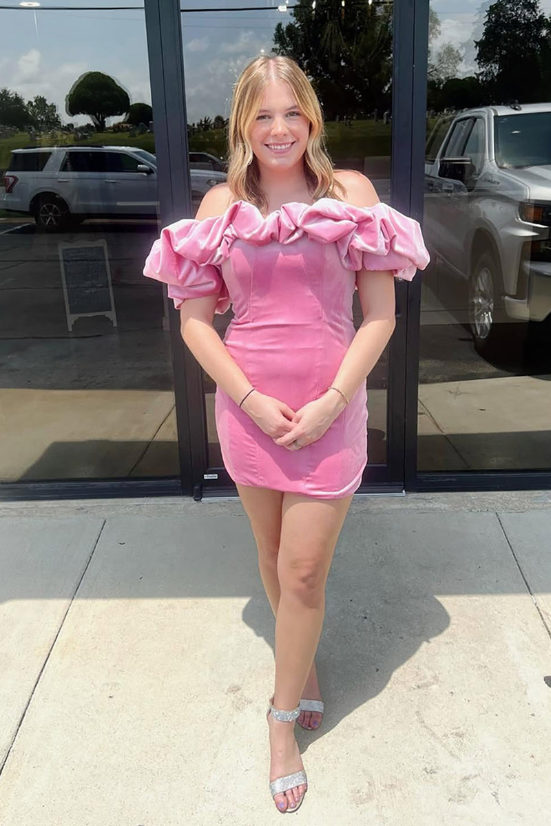 Load image into Gallery viewer, Pink Velvet Tight Short Homecoming Dress with Ruffles