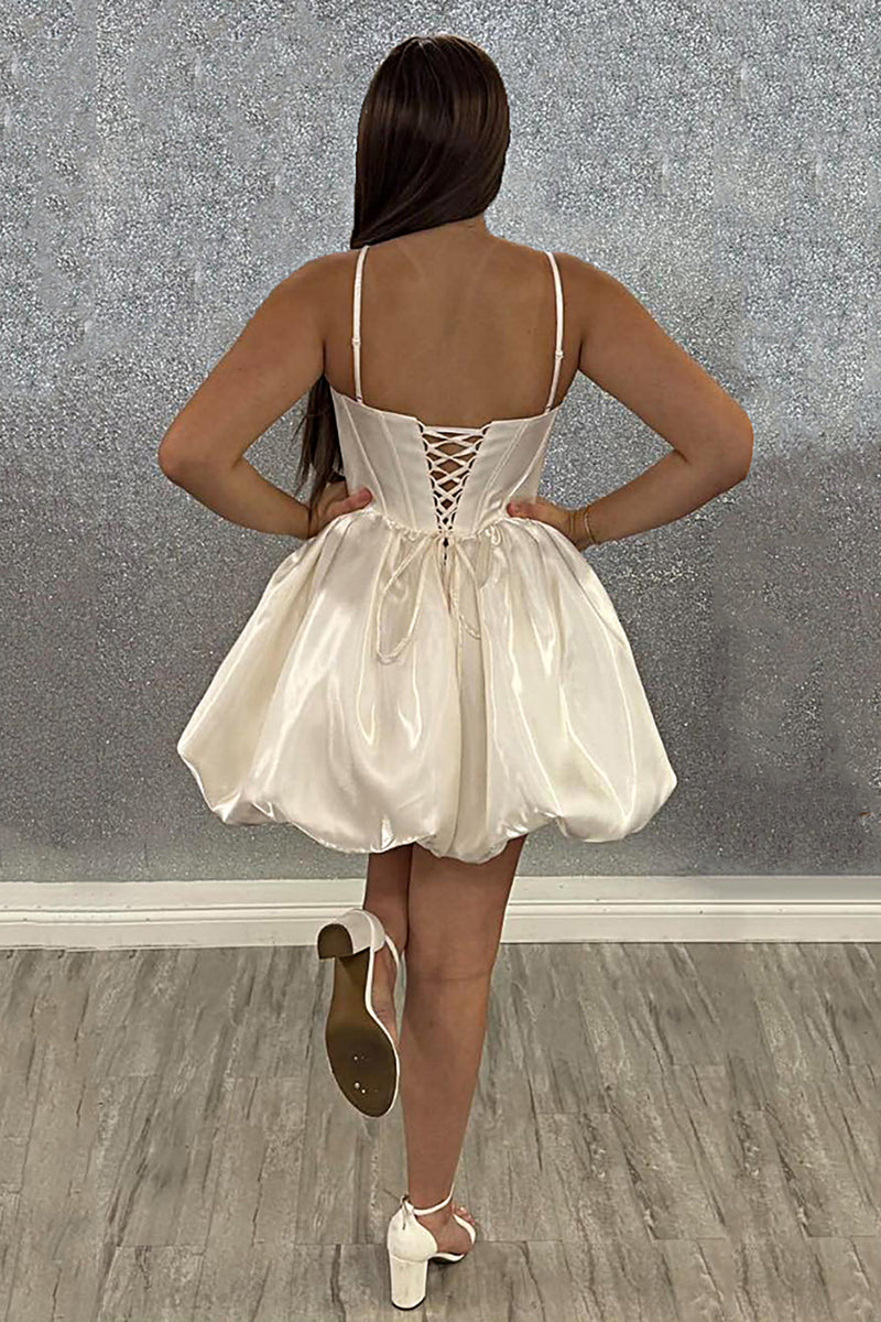 Load image into Gallery viewer, White A Line Satin Short Corset Homecoming Dress with Ruffles