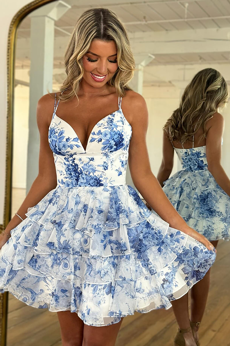 Load image into Gallery viewer, Floral Blue A Line Tiered Spaghetti Straps Short Homecoming Dress