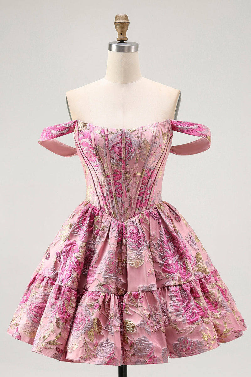 Load image into Gallery viewer, Blush A Line Fluffy Off the Shoulder Short Corset Homecoming Dress