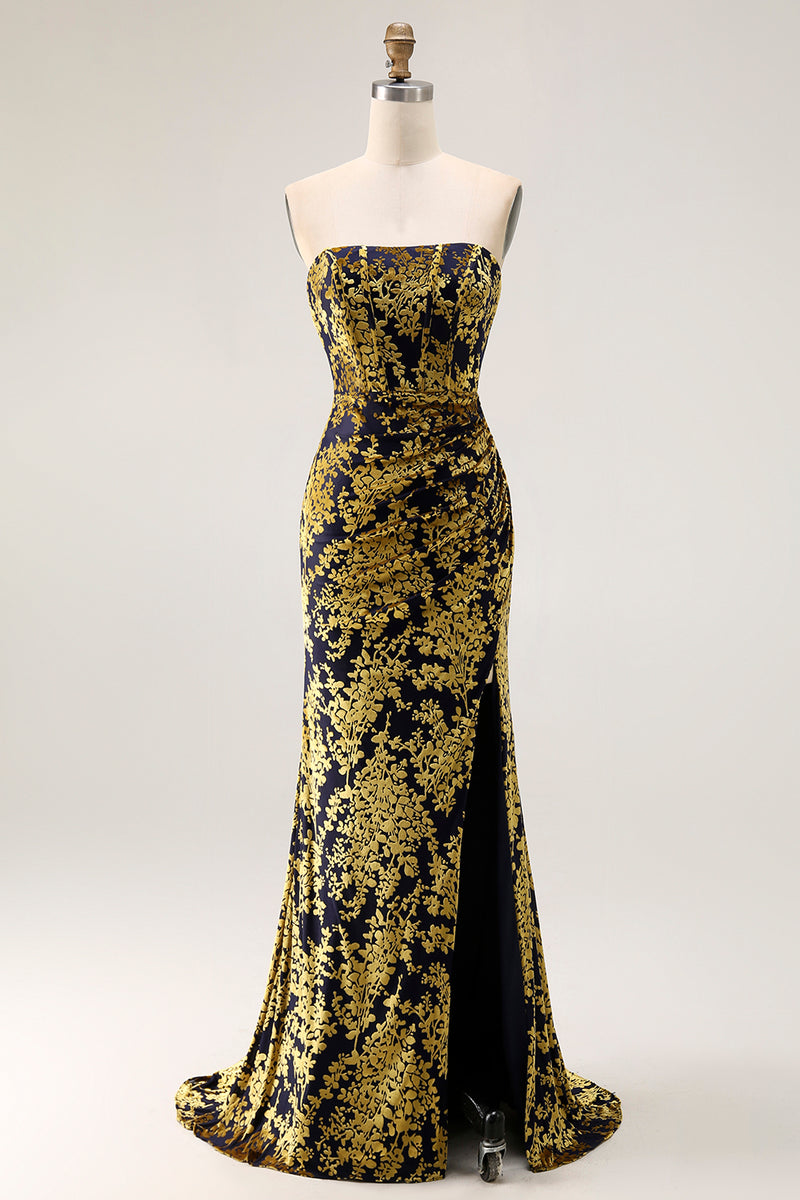 Load image into Gallery viewer, Floral Peacock Green Mermaid Strapless Long Formal Dress with Slit